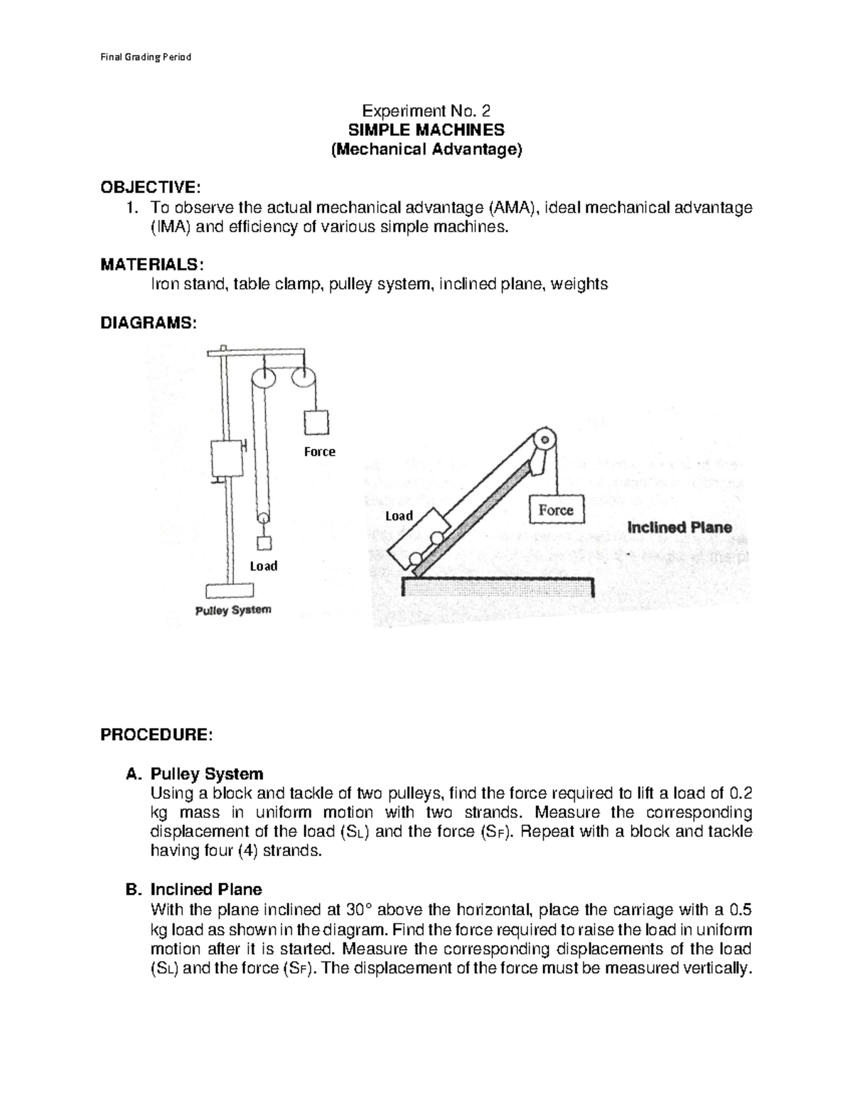 Experimental design - Final Grading Period Experiment No. 2 SIMPLE ...