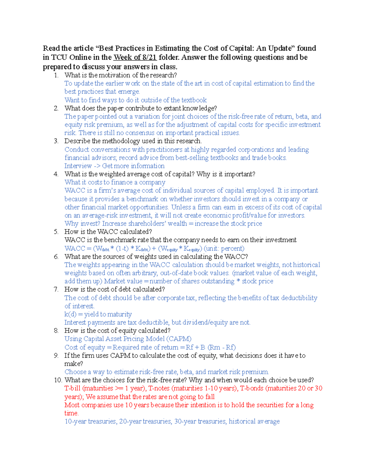 Answers for Best Practices of WACC calculation - Read the article “Best ...