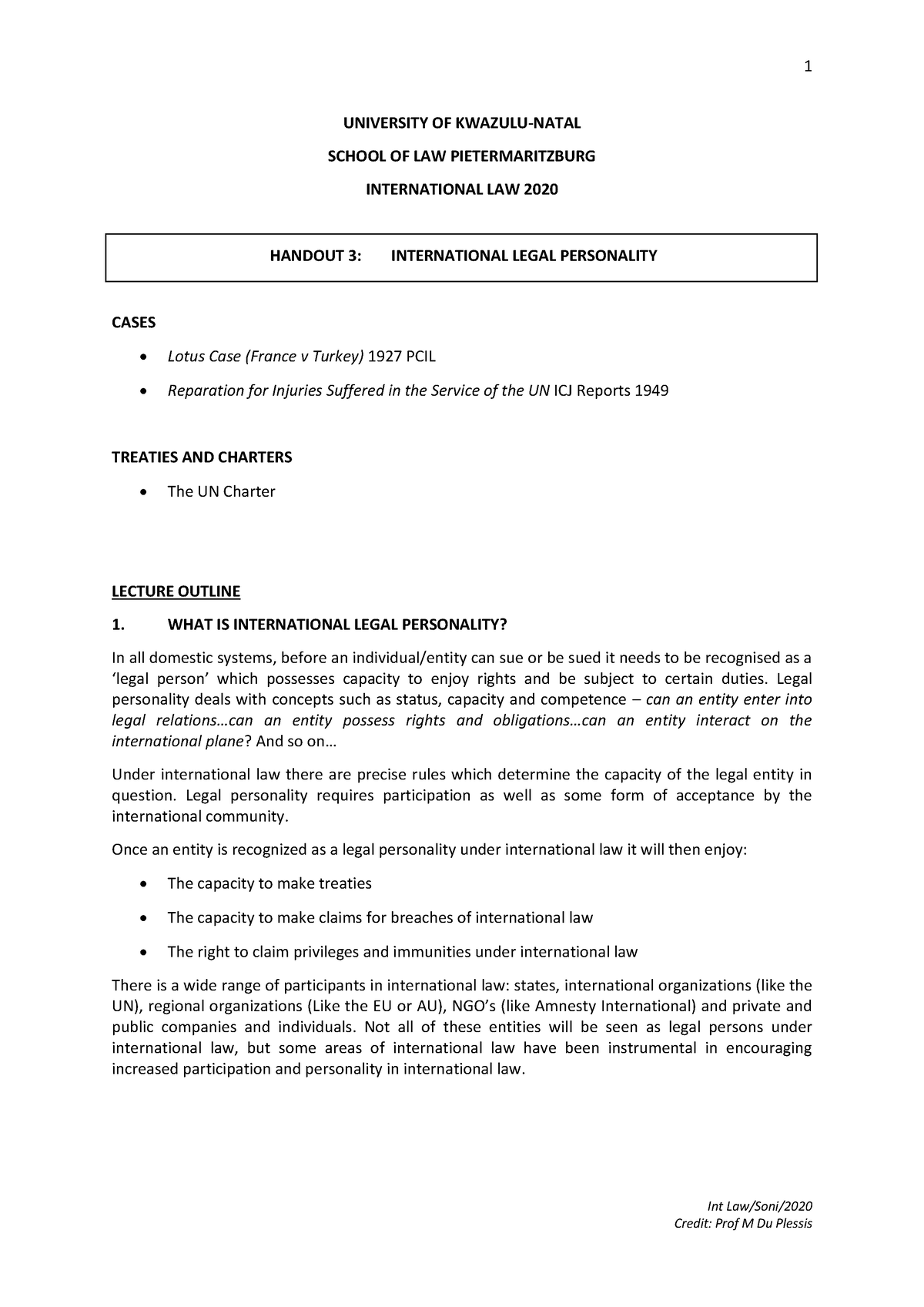 International Law Handout 3 - Int Law/Soni/20 20 UNIVERSITY OF KWAZULU ...