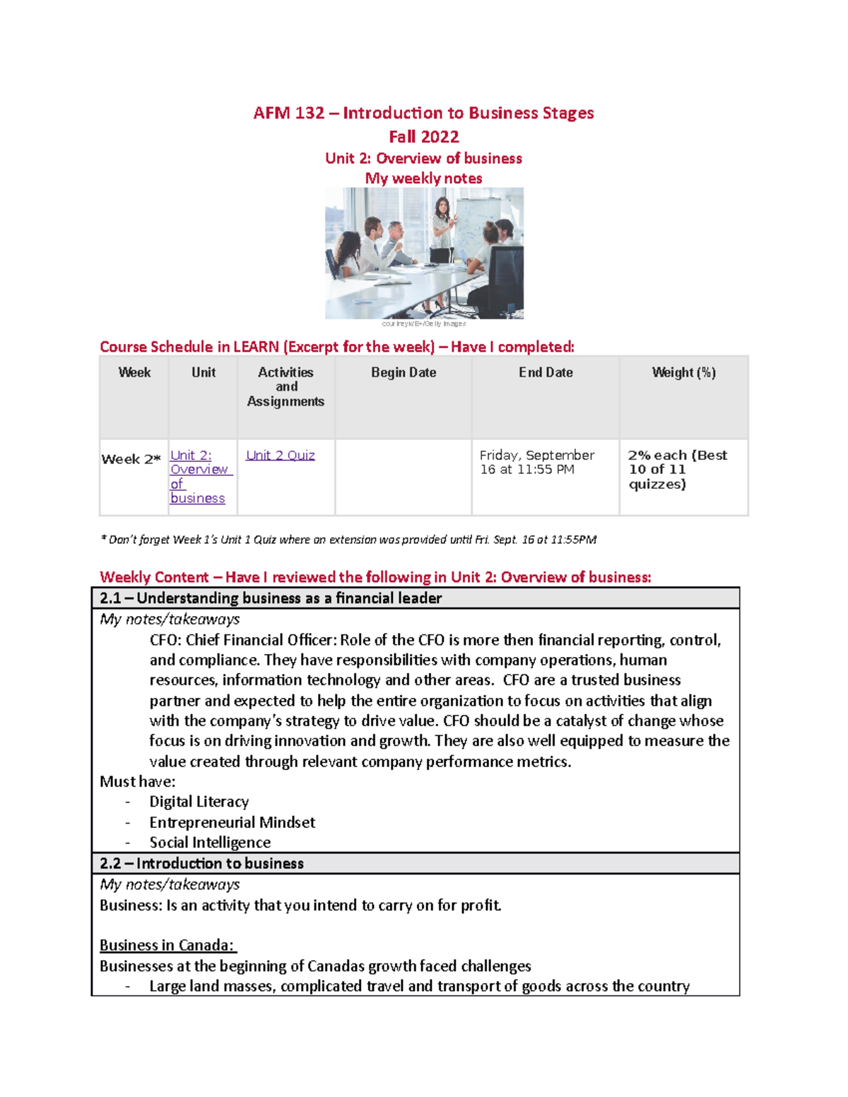 AFM 132 - Unit 2 - My Weekly Notes - AFM 132 – Introduction To Business ...