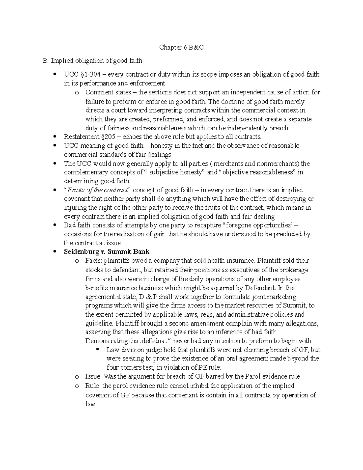 Chapter 6 B - Chapter 6 B&C B. Implied Obligation Of Good Faith UCC §1 ...