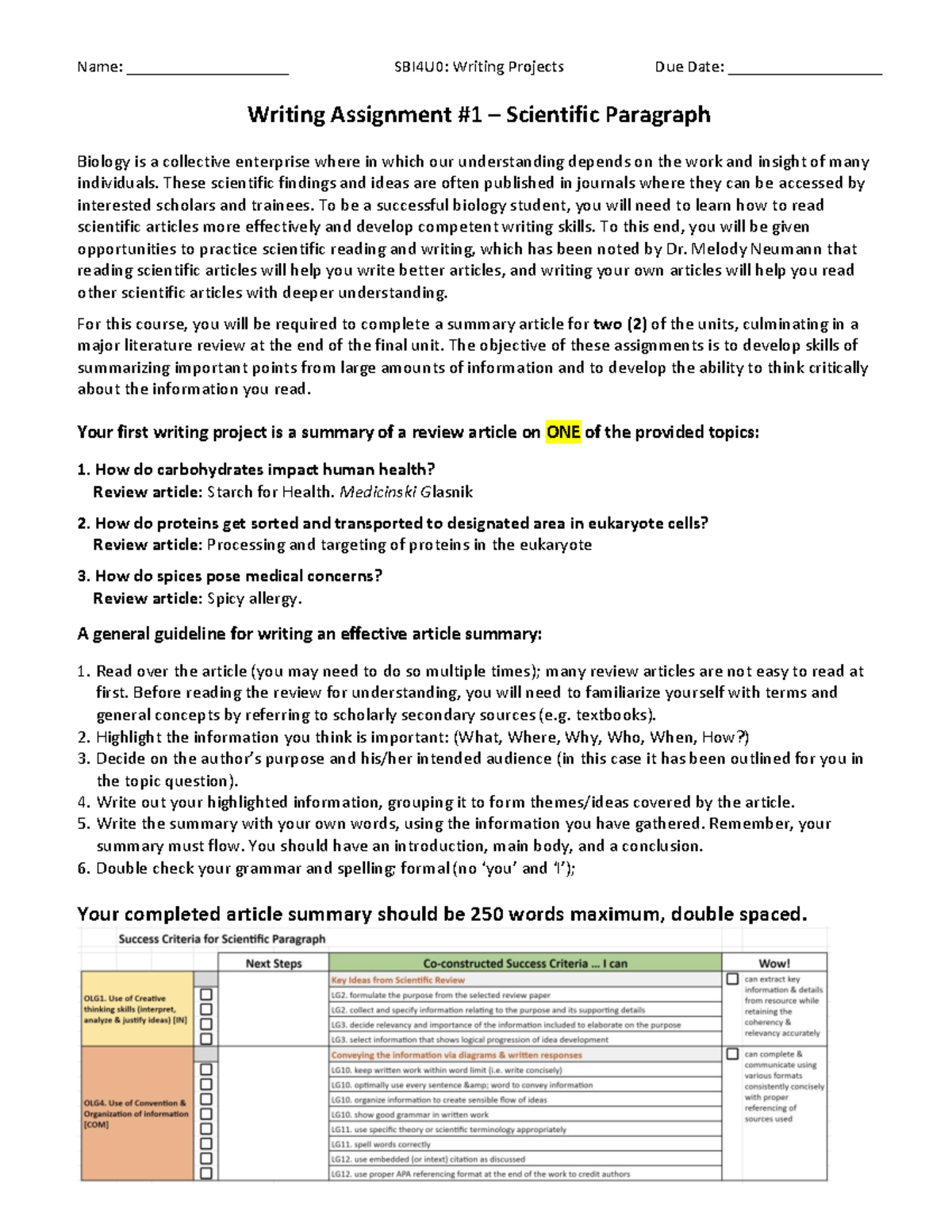 4. Writing Assignment - Paragraph - Name: ___________________ SBI4U0 ...
