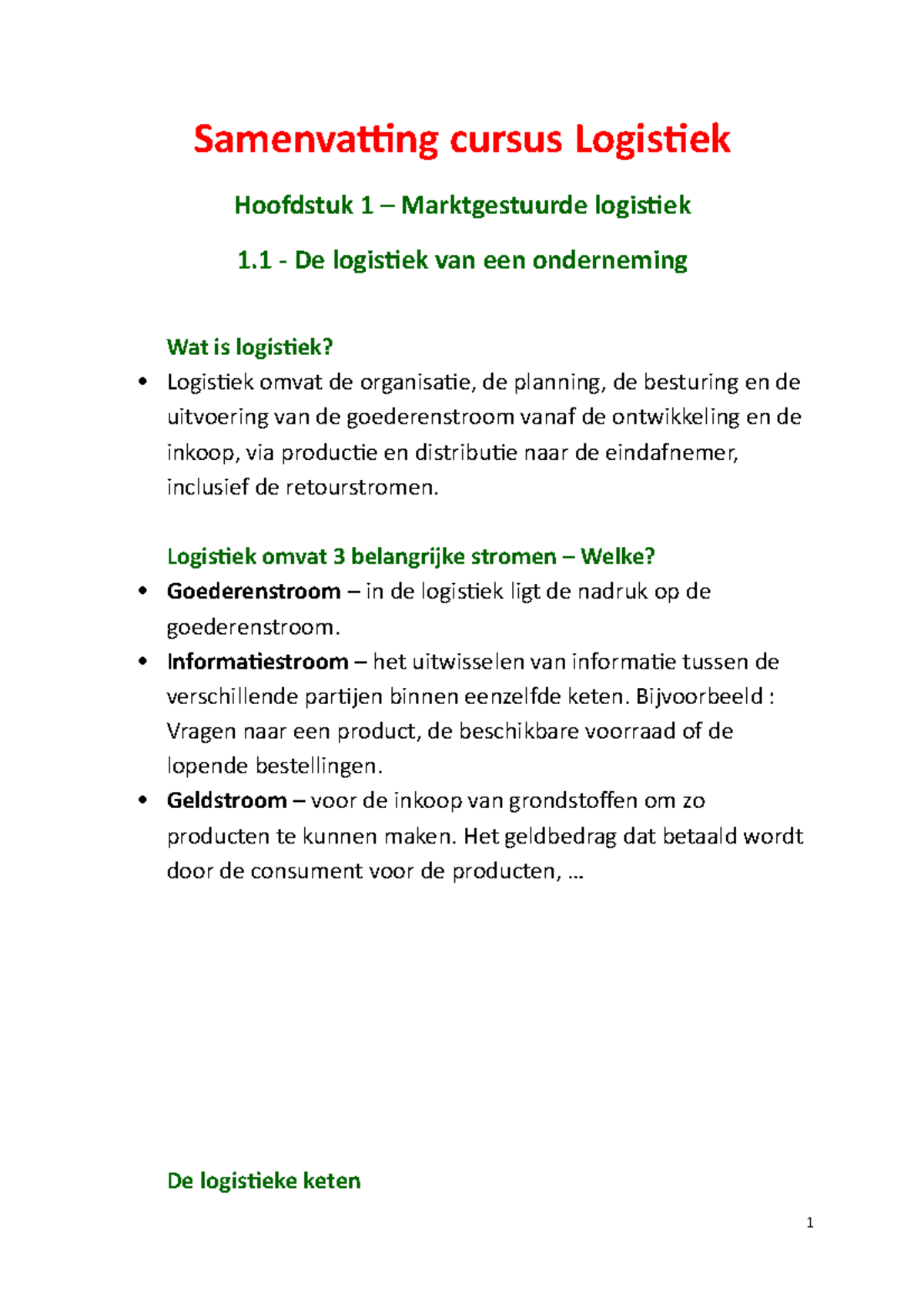 Logistiek Samenvatting - Samenvatting Cursus Logistiek Hoofdstuk 1 ...