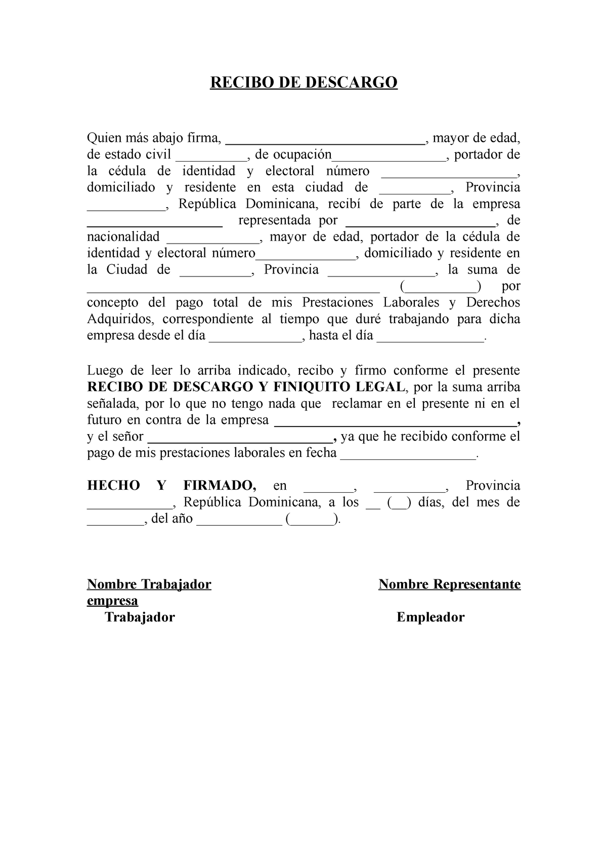 Modelo Recibo DE Descargo Y FINIQUITO LABORAL - RECIBO DE DESCARGO Quien  más abajo firma, - Studocu