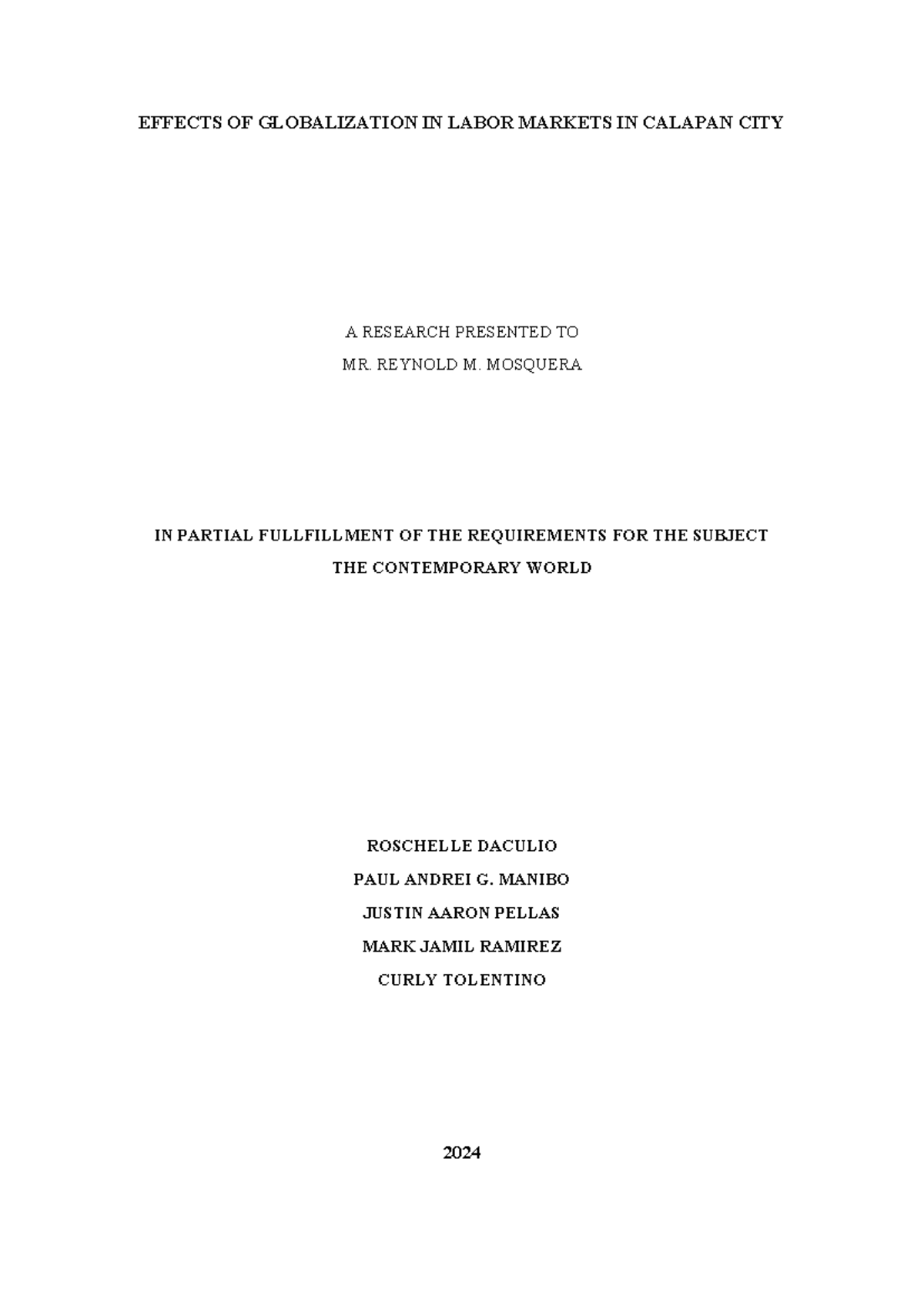 Effects OF Globalization IN Labor Markets IN Calapan CITY Research ...