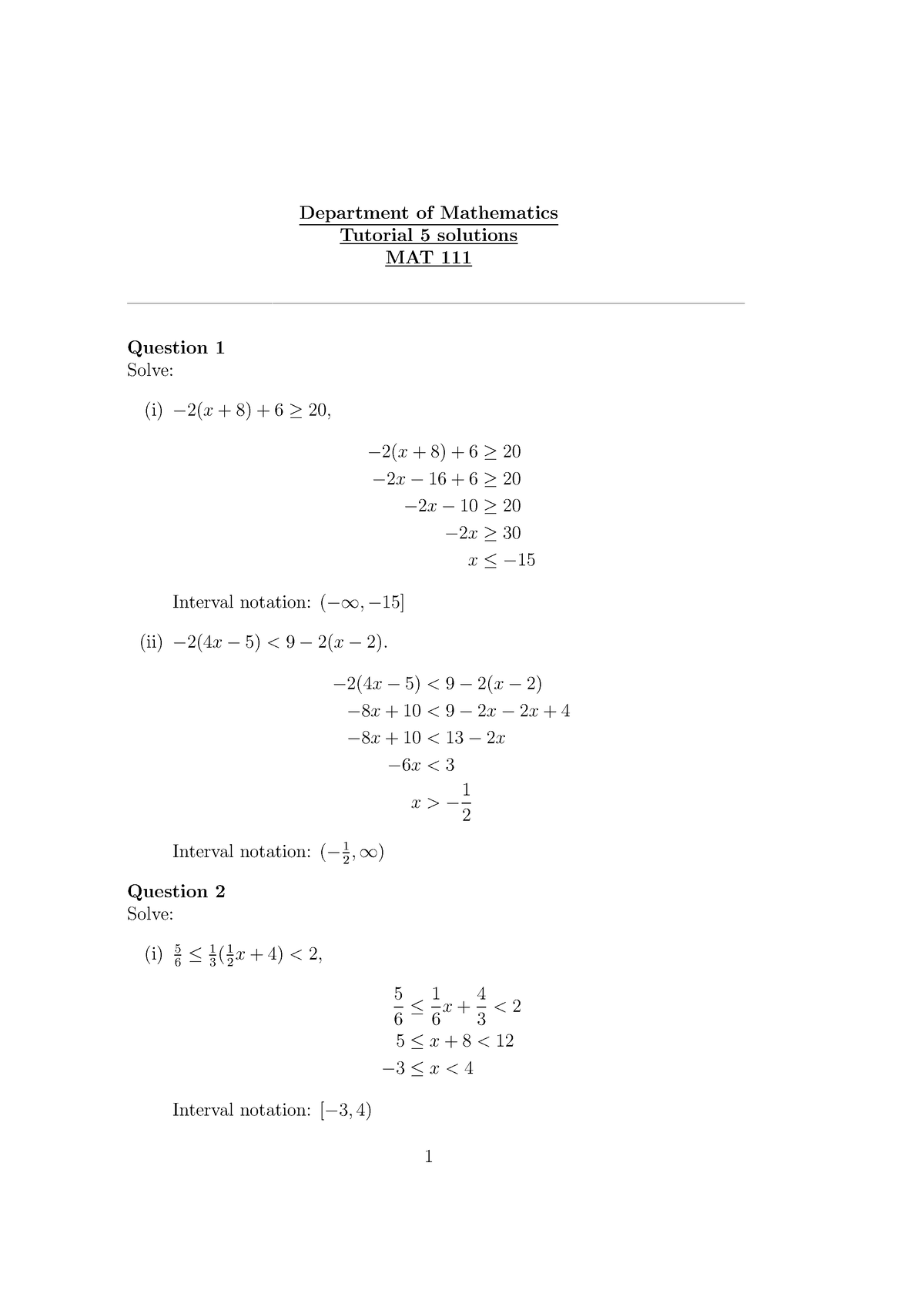 Tutorial 5solutions - solution - Department of Mathematics Tutorial 5 ...