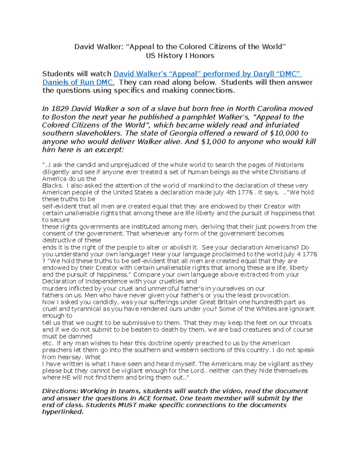David Walker Appeal to asdf David Walker “Appeal to the Colored Citizens of the World” US