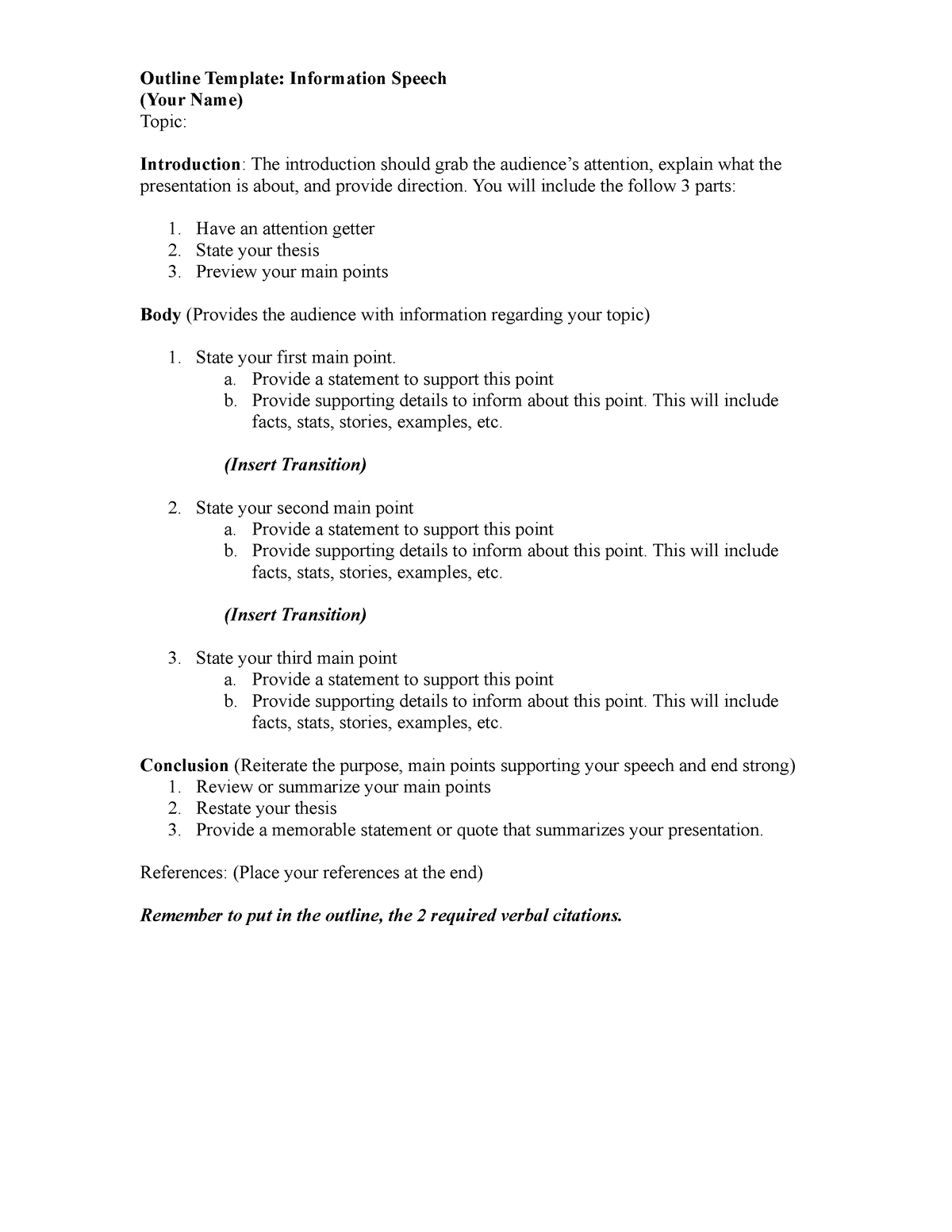Informative Speech Outline Template - Outline Template: Information ...
