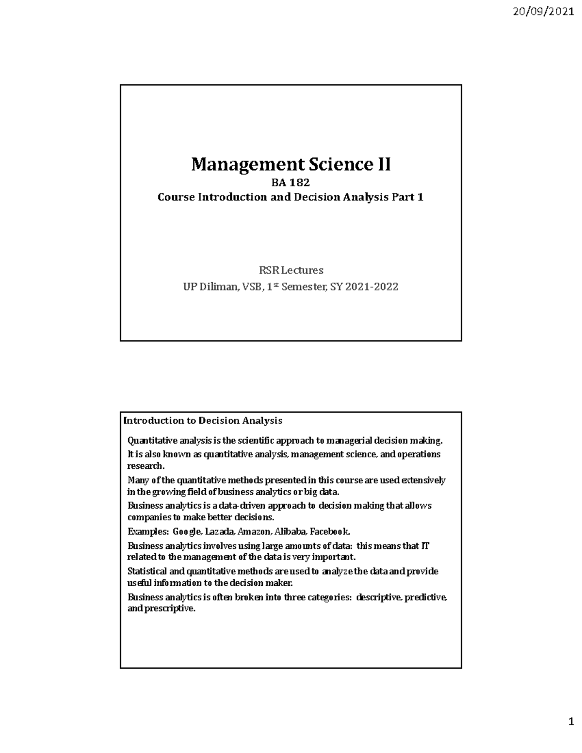 1-MS2 Decision Analysis p1 - Management Science II BA 182 Course ...
