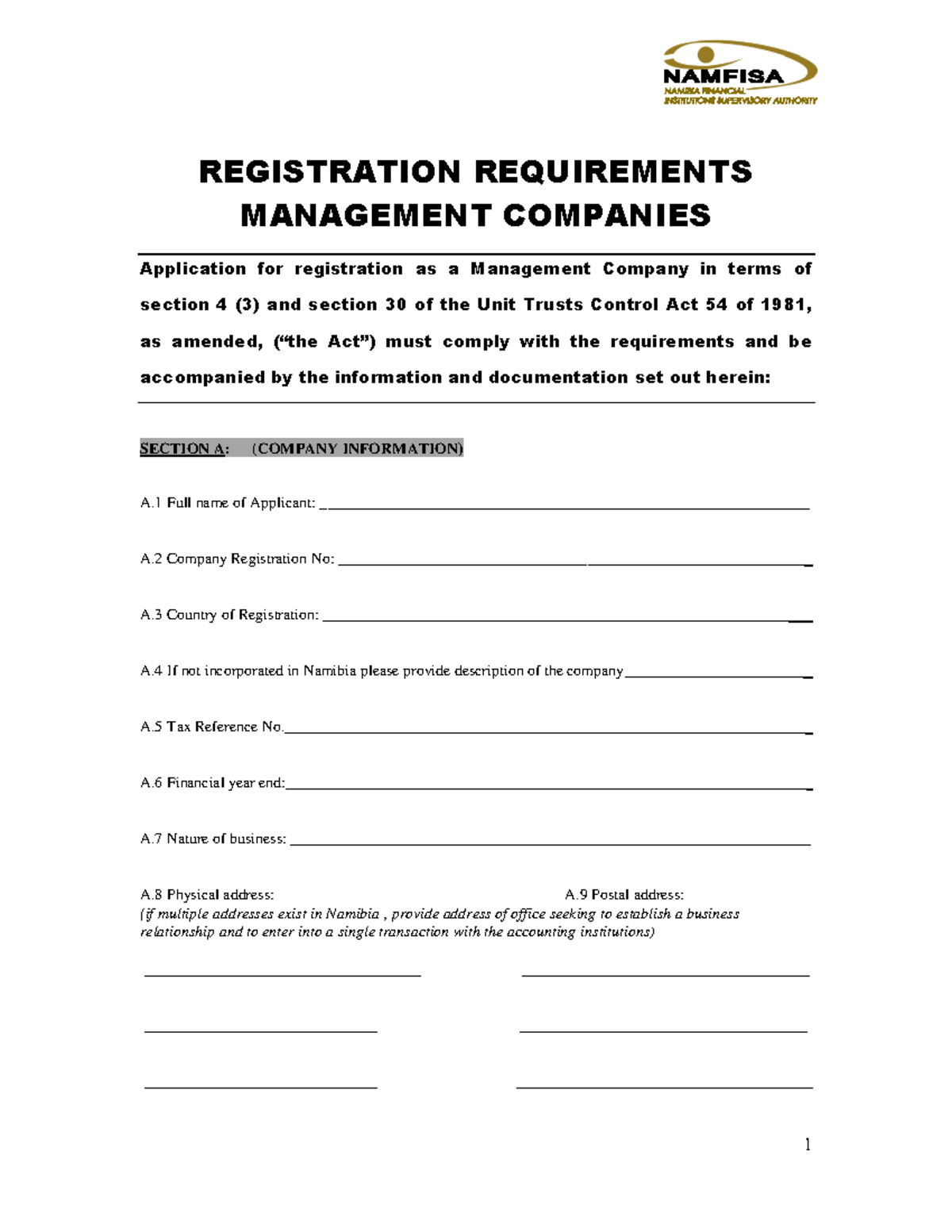 Application FORM for management companies Manco - REGISTRATION ...