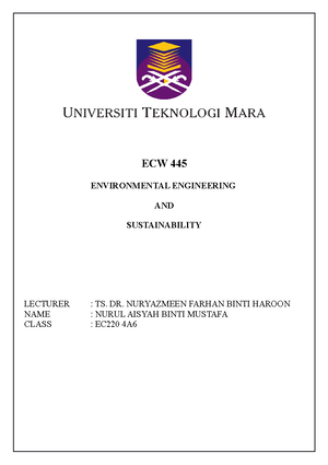 Assignment Ecw 445 Environmental Engineering And Sustainability Lecturer Ts Dr Nuryazmeen Studocu