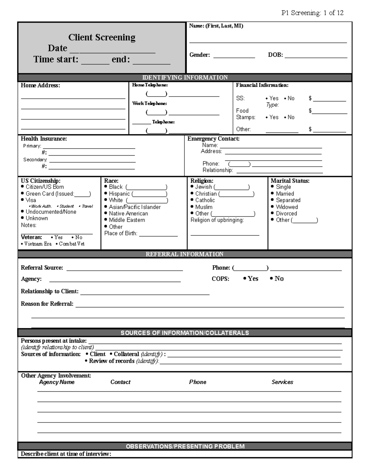 Intake Interview Form - Client Screening Date __________________ Time ...