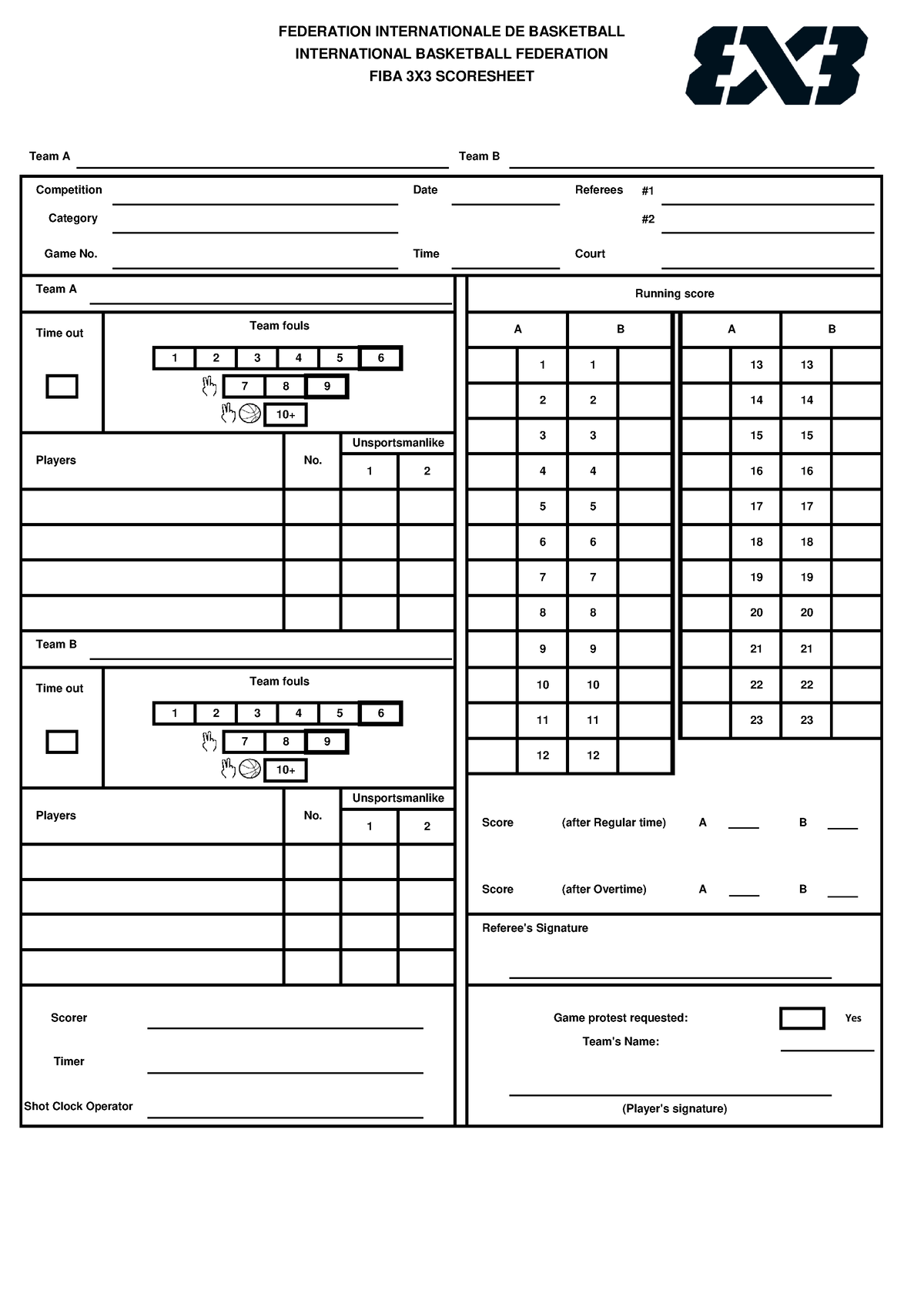 FIBA 3x3 Scoresheet N a Yes Player s Signature Game Protest