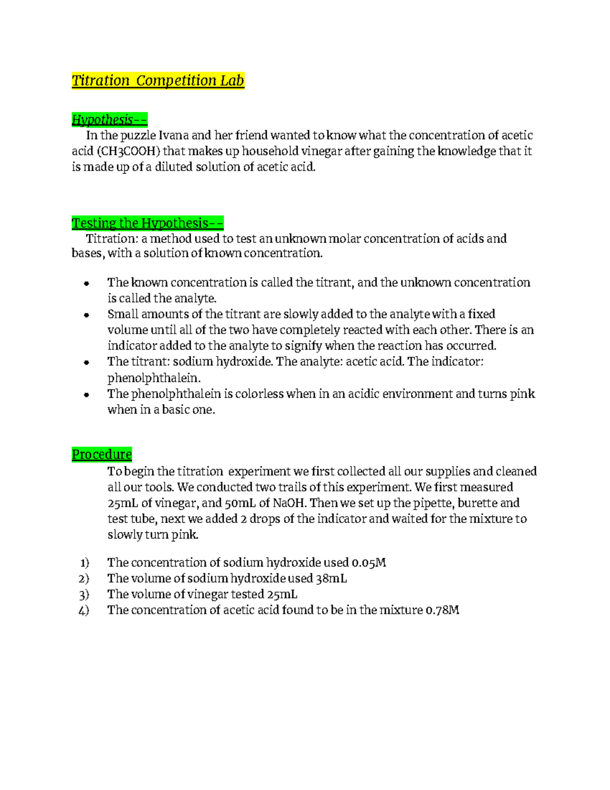 Titration Competition Lab Titration Competition Lab Hypothesis In
