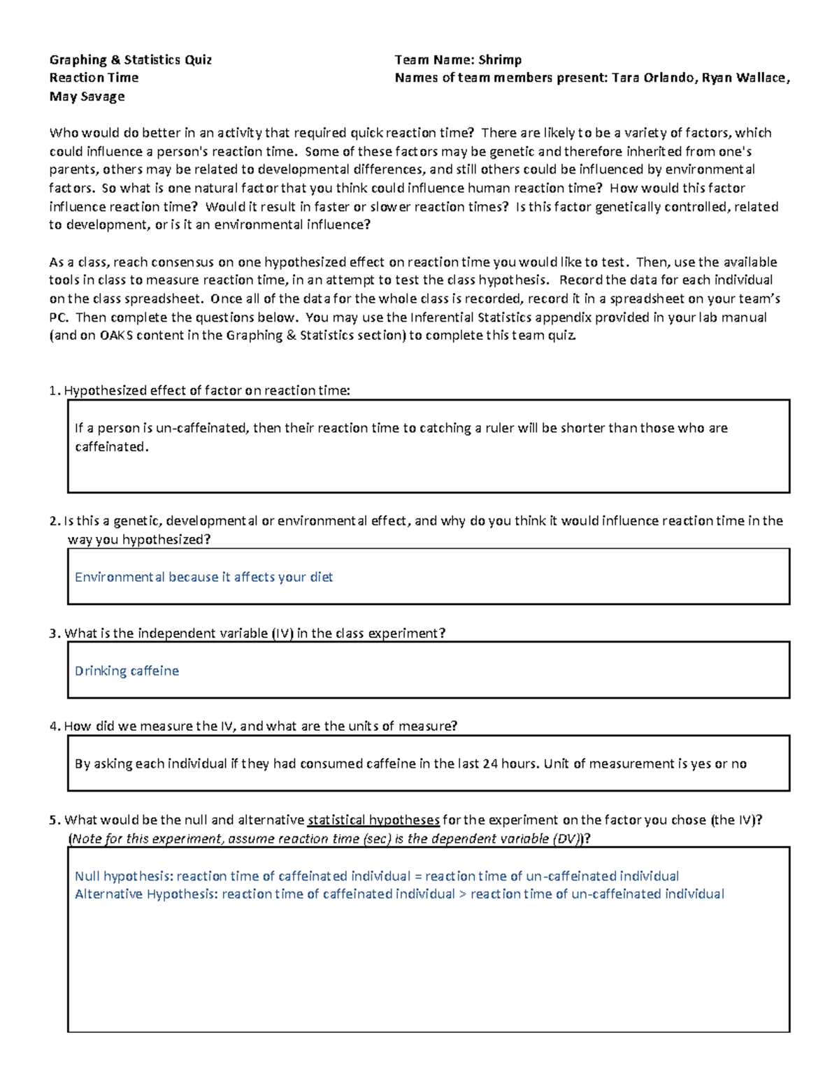 BIO 111L-35- Statistics Activity Quiz #2 - Reaction Time - Graphing ...