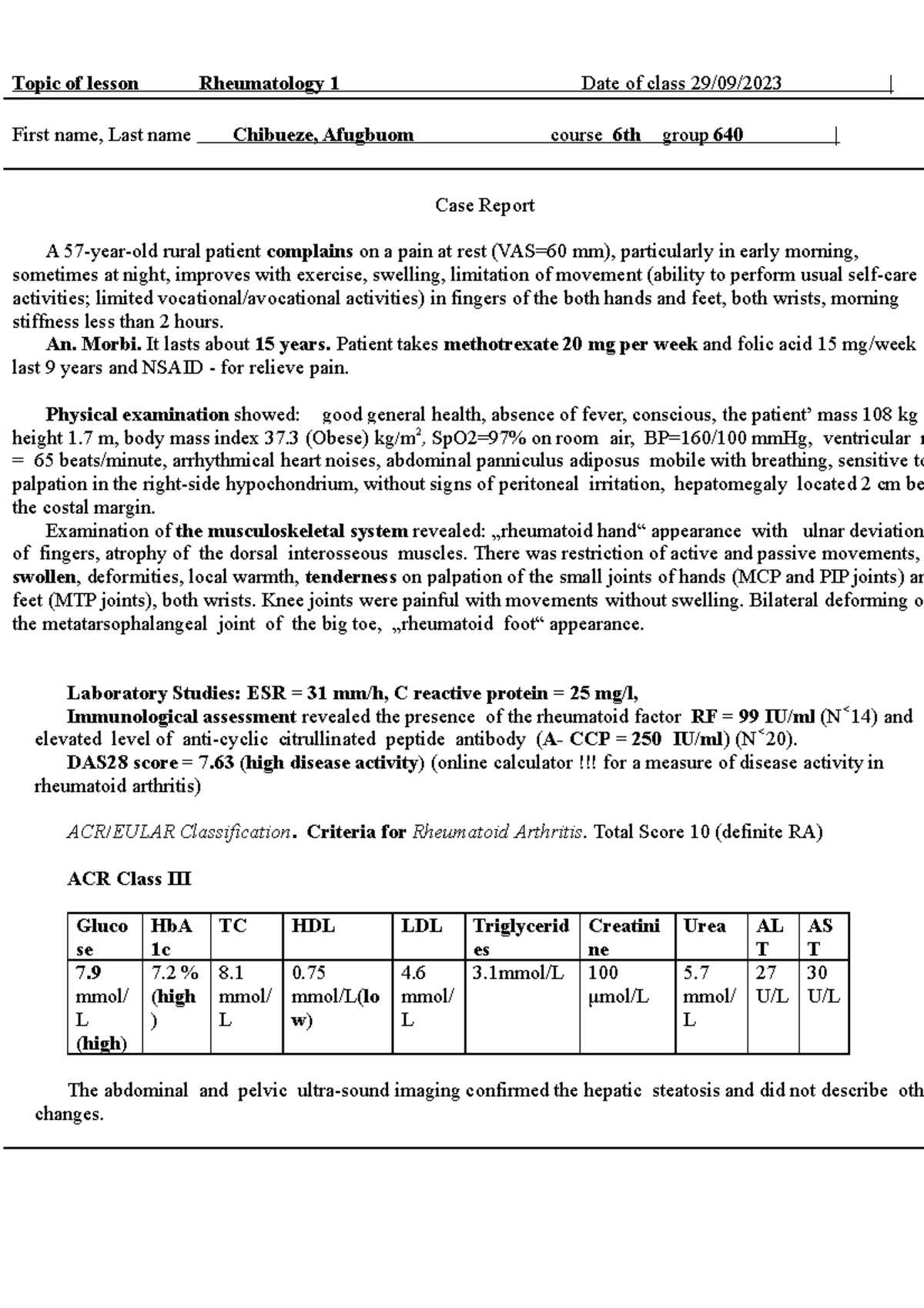 Rheumatology Case 5 - Topic of lesson Rheumatology 1 Date of class 29 ...
