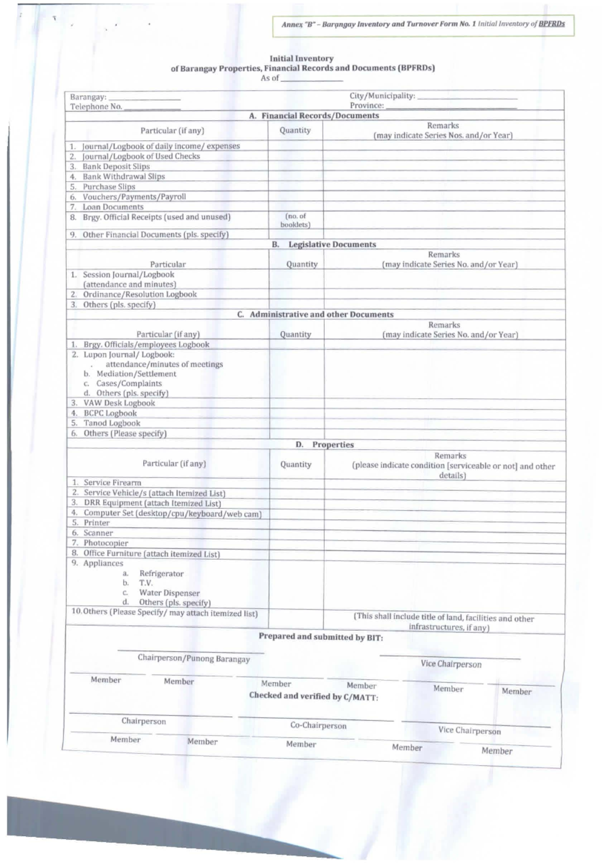 Barangay turnover and inventory form 1 initial inventory - criminal law ...