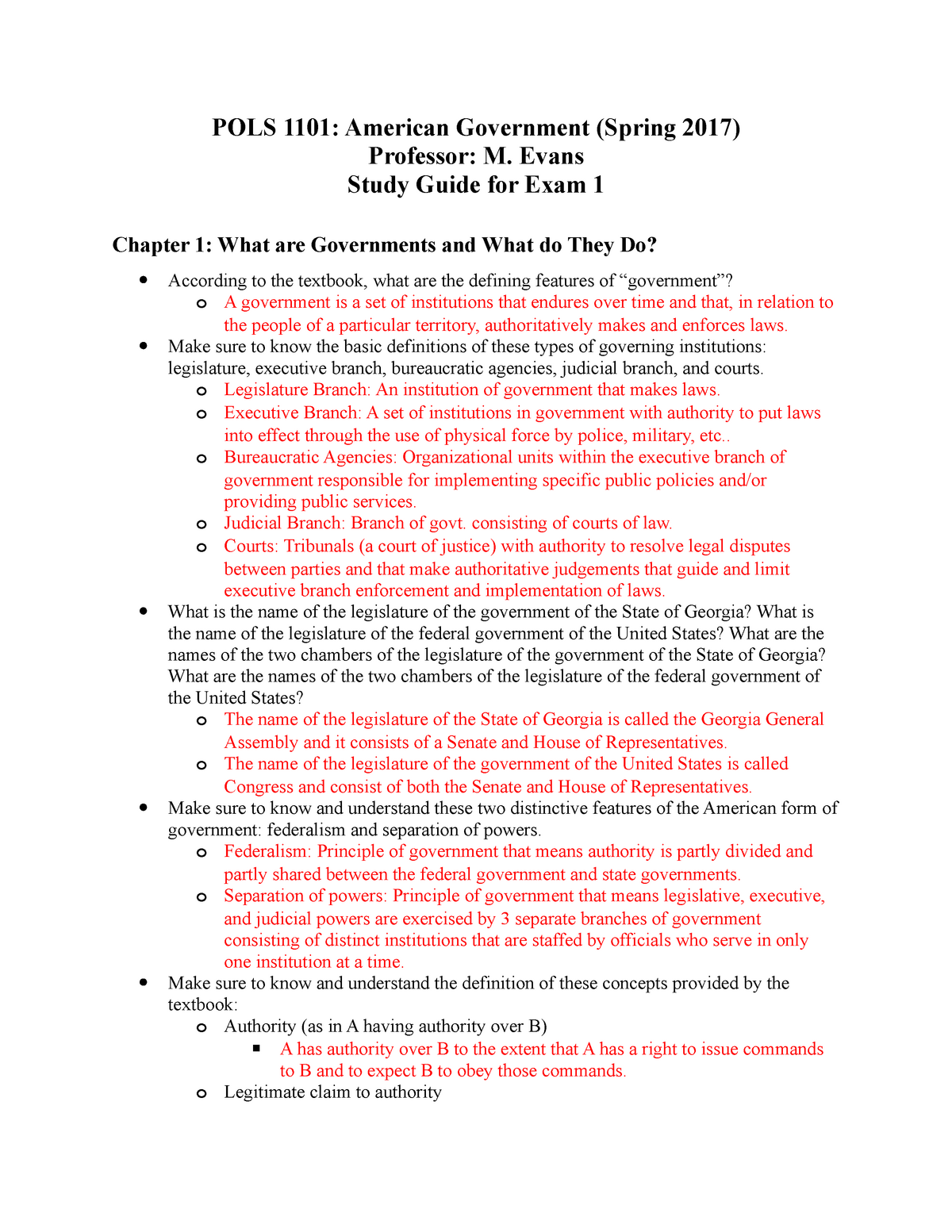 American Government Study Guide For Exam 1 By Professor Evans POLS