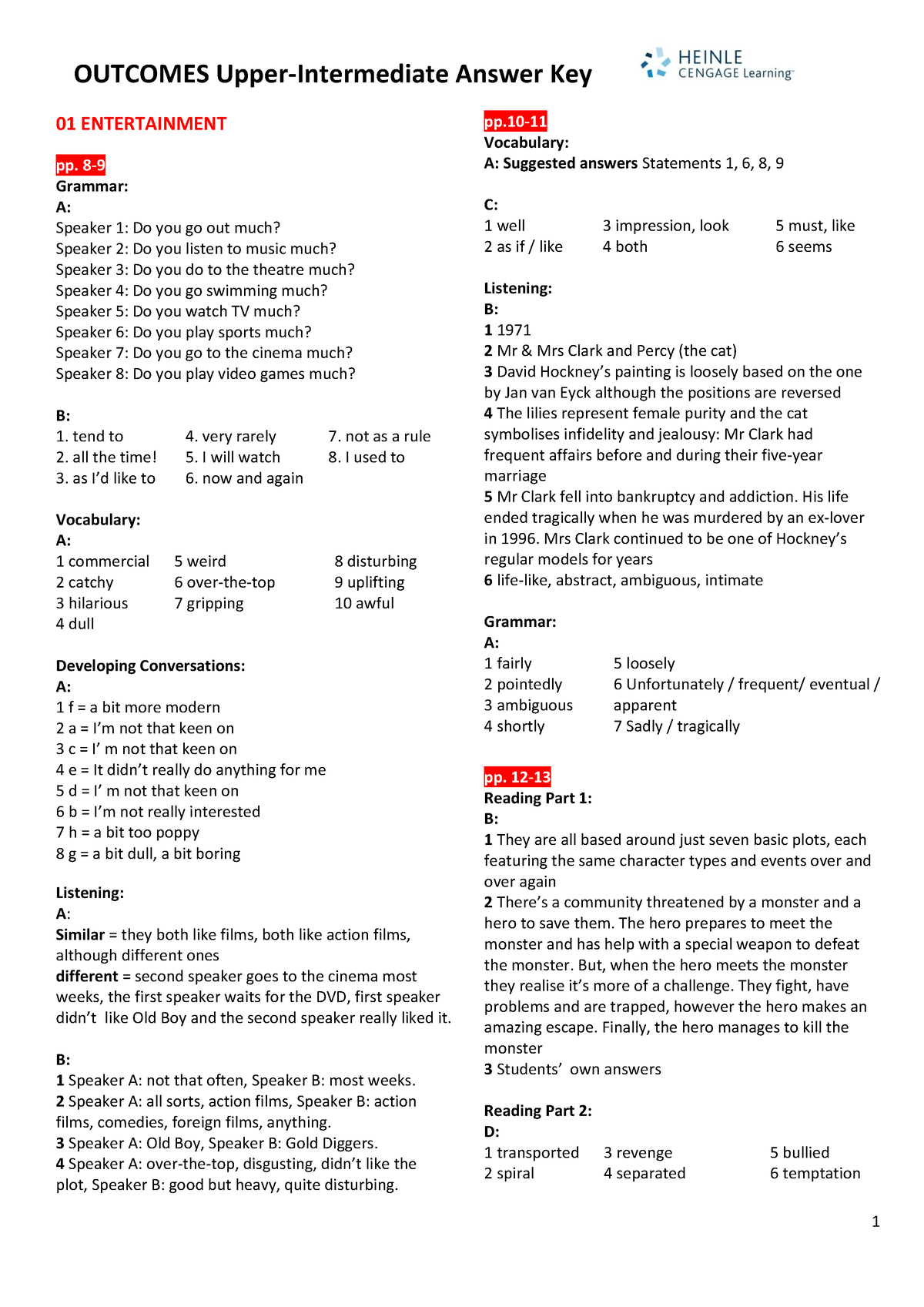 Outcomes Upper Inter Answer Key-1 - OUTCOMES Upper-Intermediate Answer Key  01 ENTERTAINMENT pp. 8- - Studocu