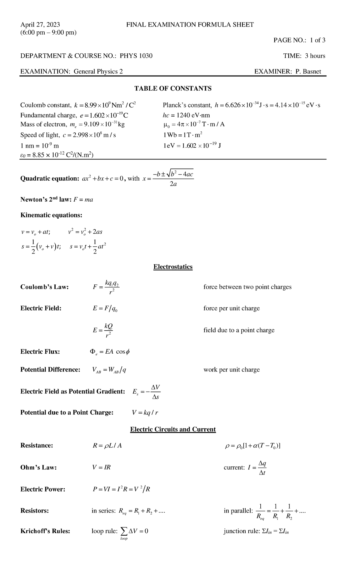 1030 Apr 27 23 Formula Sheet - April 27, 2023 FINAL EXAMINATION FORMULA ...