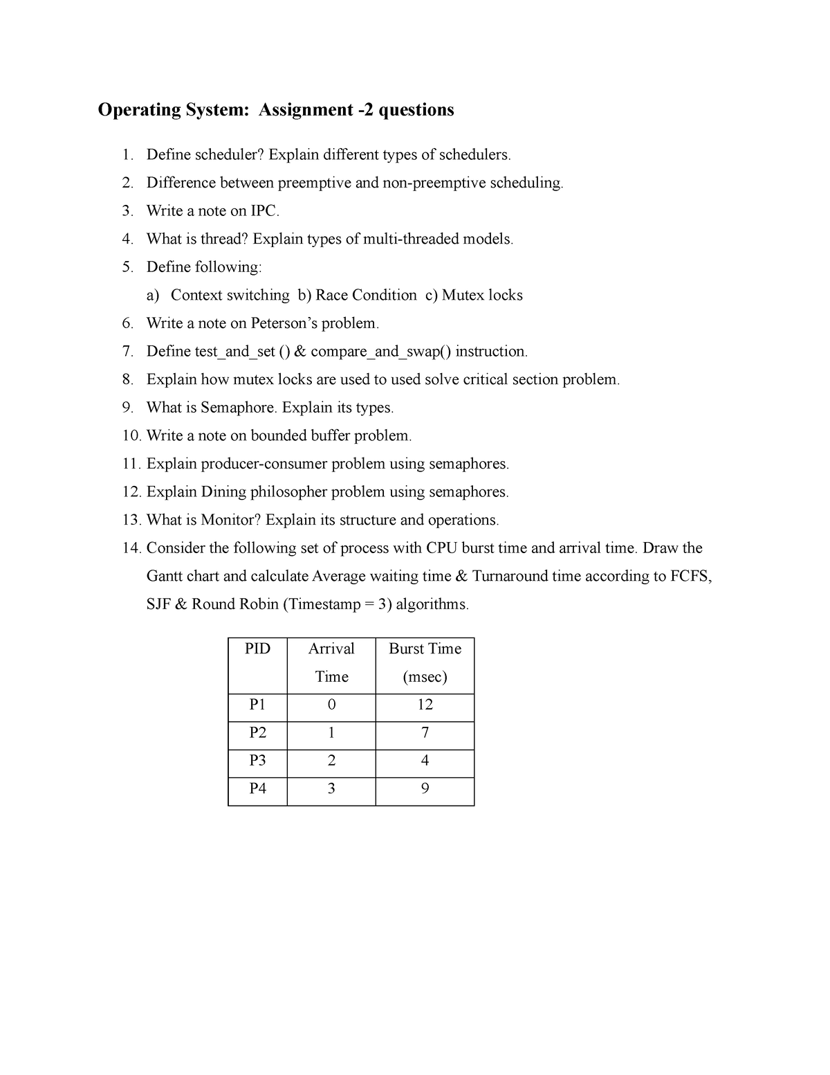 operating system assignment questions