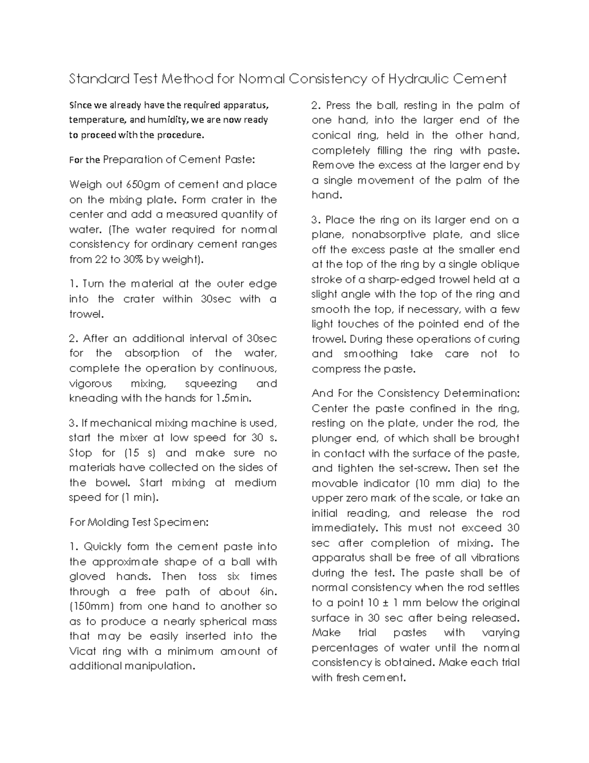 Procedure - Lab guide. - Standard Test Method for Normal Consistency of ...