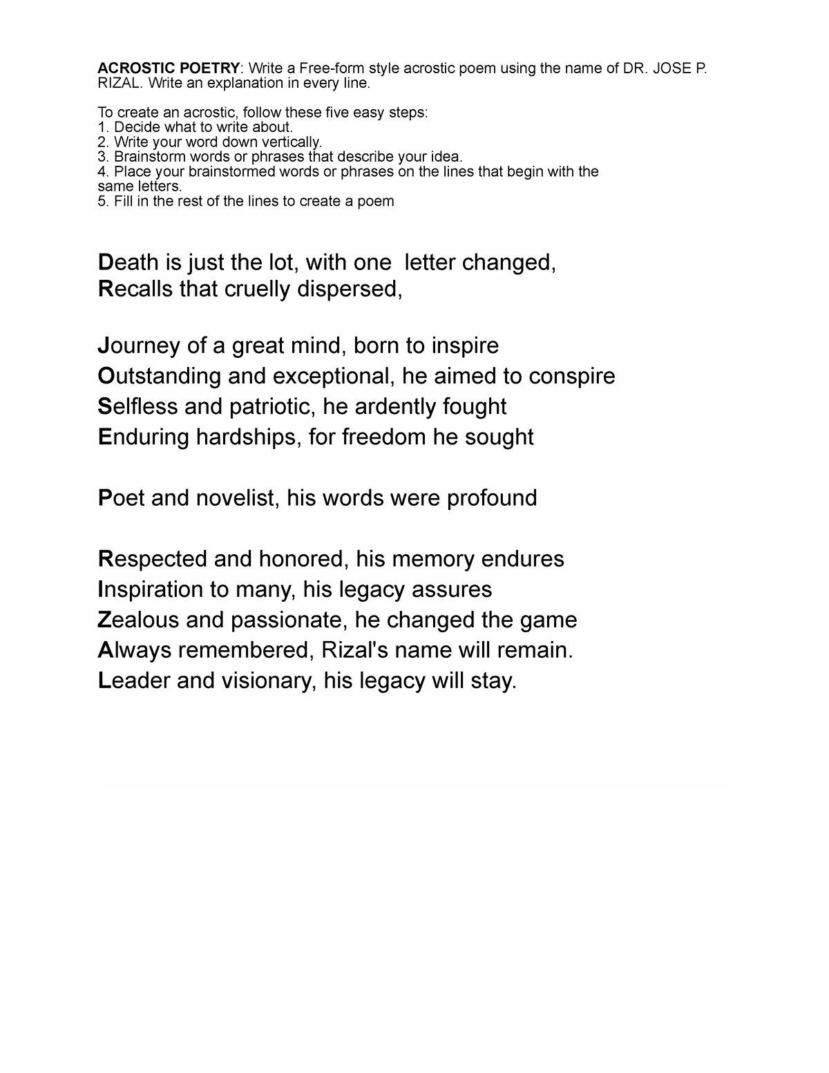 Acrostic Poetry Assignment Acrostic Poetry Write A Free Form Style Acrostic Poem Using The