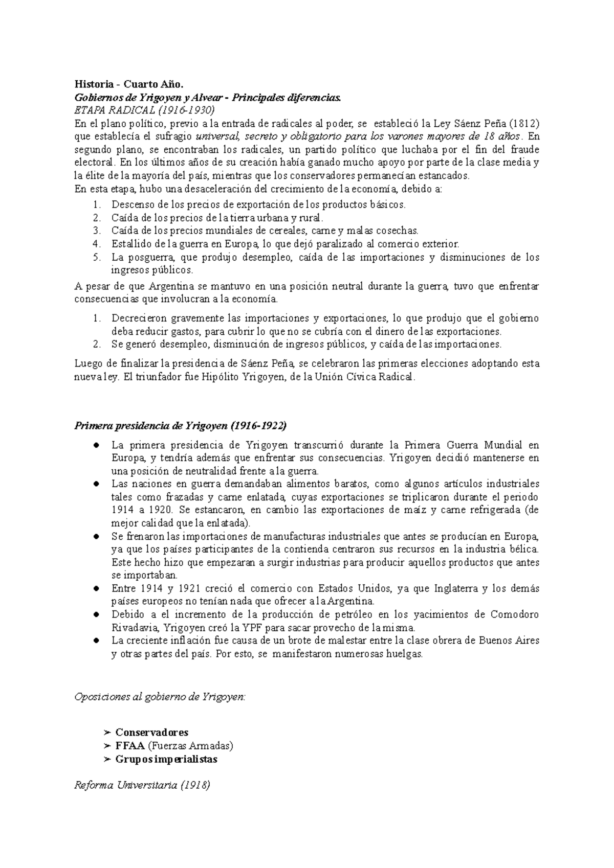 Gobiernos De Yrigoyen Y Alvear Principales Diferencias Historia Cuarto Ano Gobiernos De Studocu