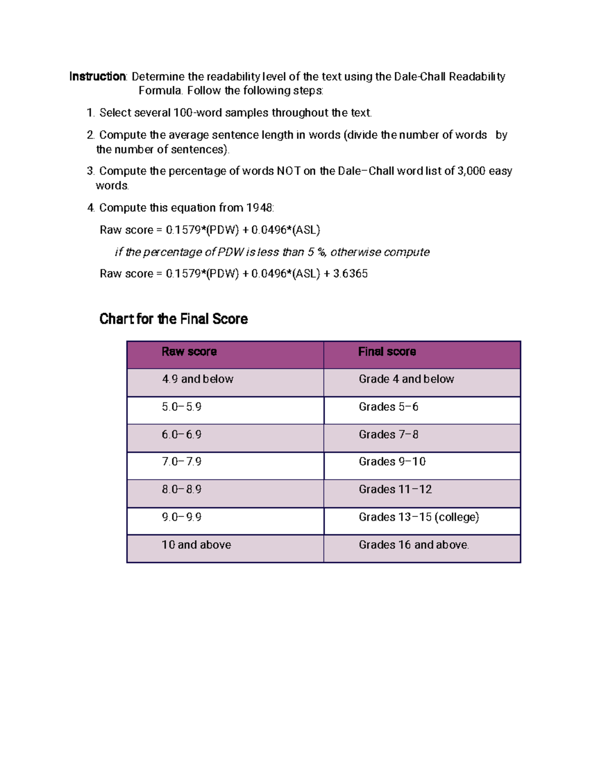 Workshop On Text Readability - I n s t r u c t i o n : Determine the ...
