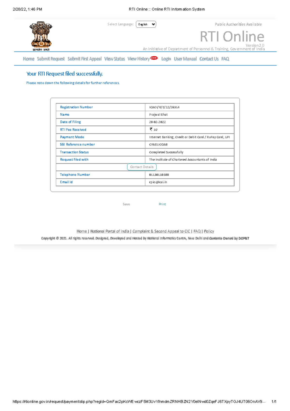 RTI Online Online RTI Information System - 2/28/22, 1:46 PM RTI Online ...