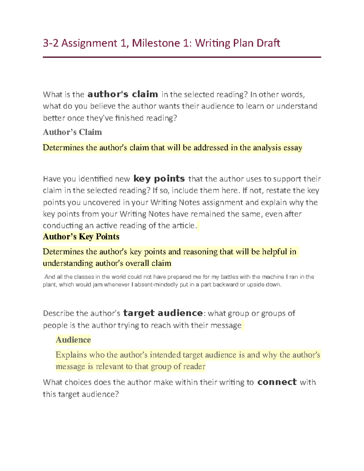 3-2 Writing Draft Notes - 3-2 Assignment 1, Milestone 1: Writing Plan ...