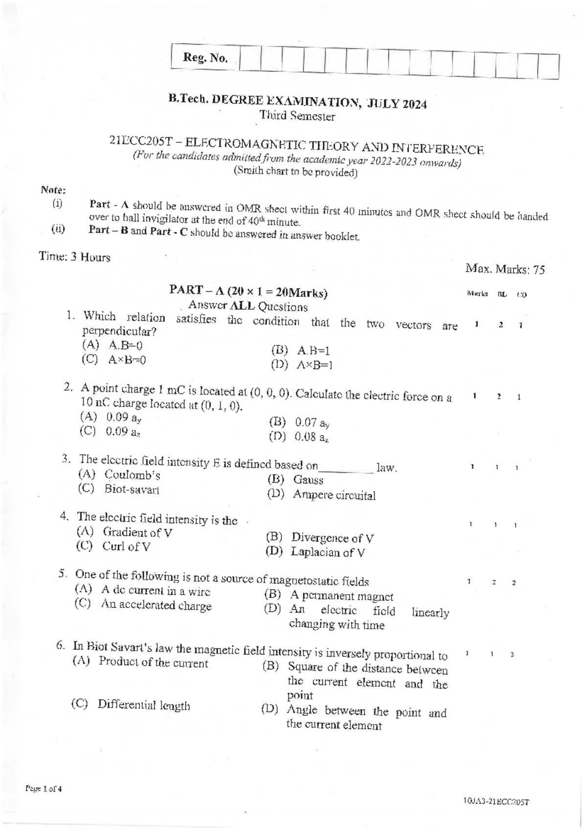 21ECC205T-PYQs - Reg. No. B. DEGREE EXAMINATION, JULY 2024 Third ...