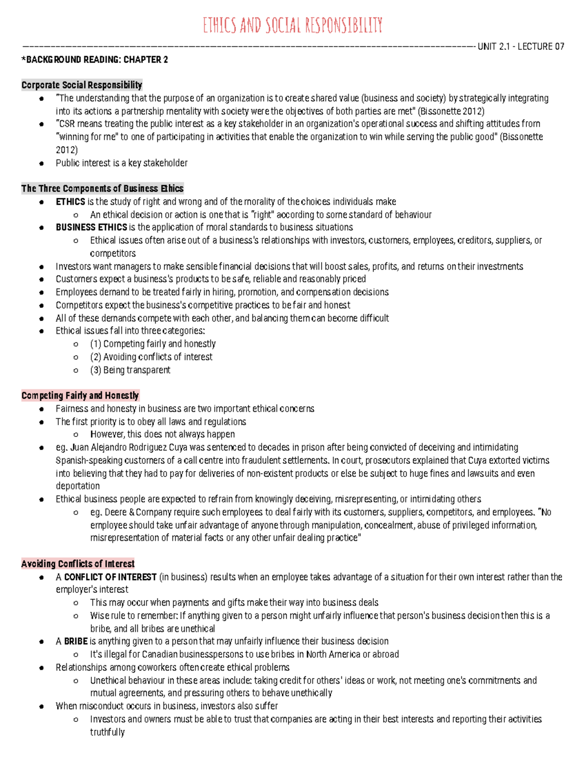 BUS 1201 - Chapter 2 (Lecture) - ETHICS AND SOCIAL RESPONSIBILITY ...
