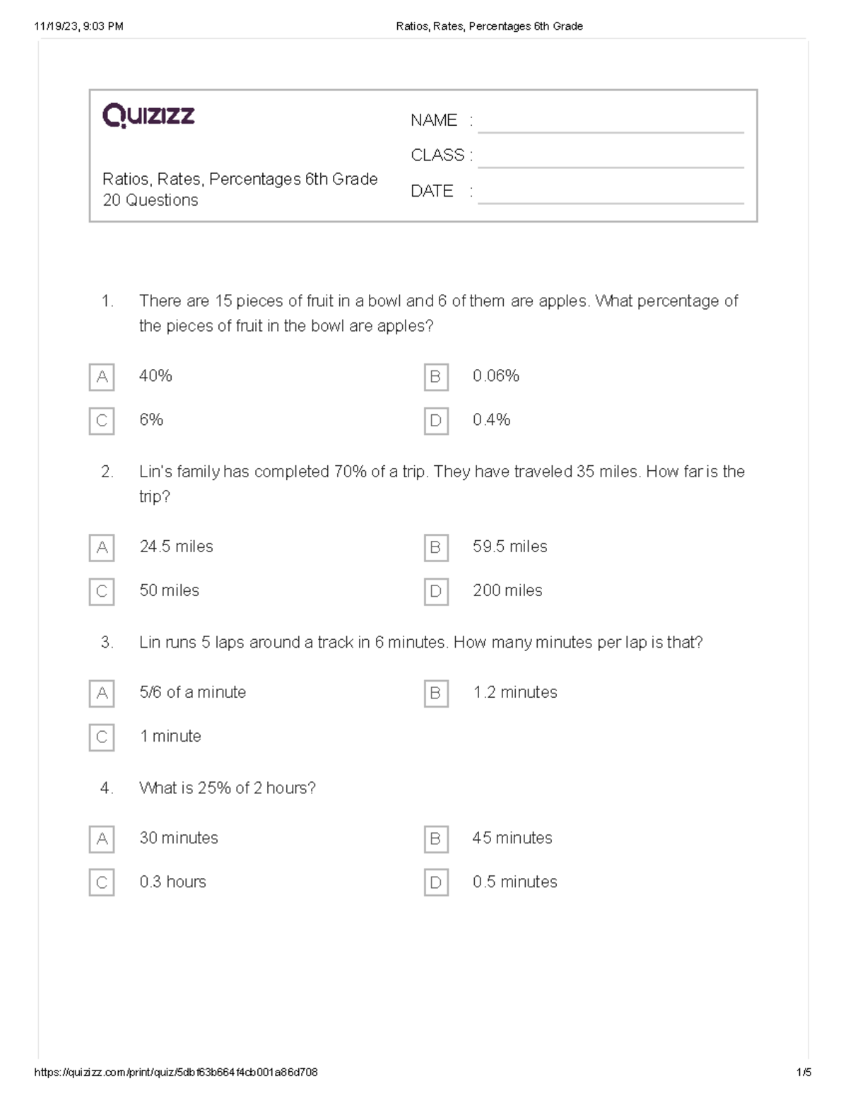 Ratios, Rates, Percentages 6th Grade - There are 15 pieces of fruit in ...