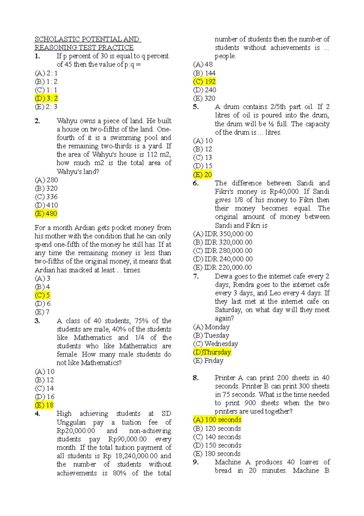 Scholastic Potential AND Reasoning TEST Practice - SCHOLASTIC POTENTIAL ...