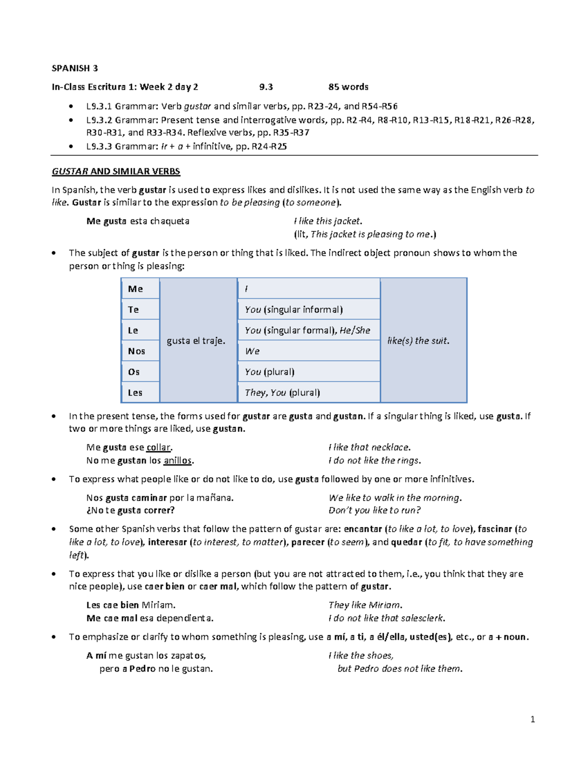 Crib sheet 1 span 3 Spanish SPANISH 3 InClass Escritura 1 Week 2