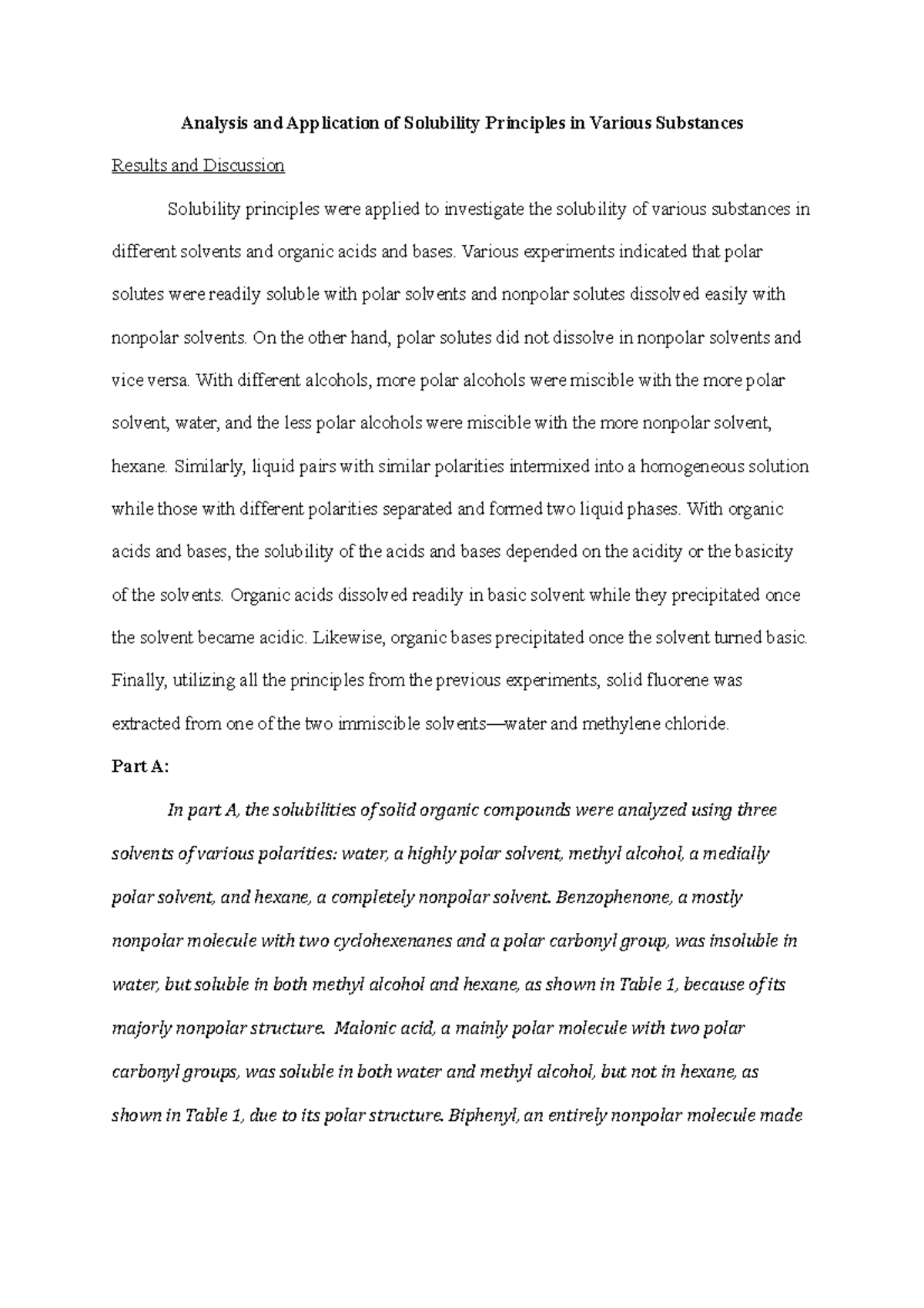 Solubility Lab Mini Report Analysis and Application of Solubility