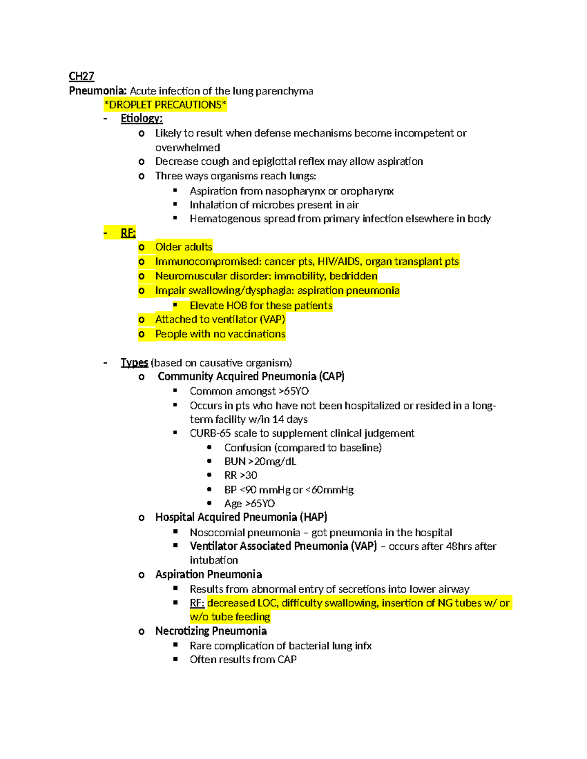 Medsurg exam 2 review sheet - CH Pneumonia: Acute infection of the lung ...