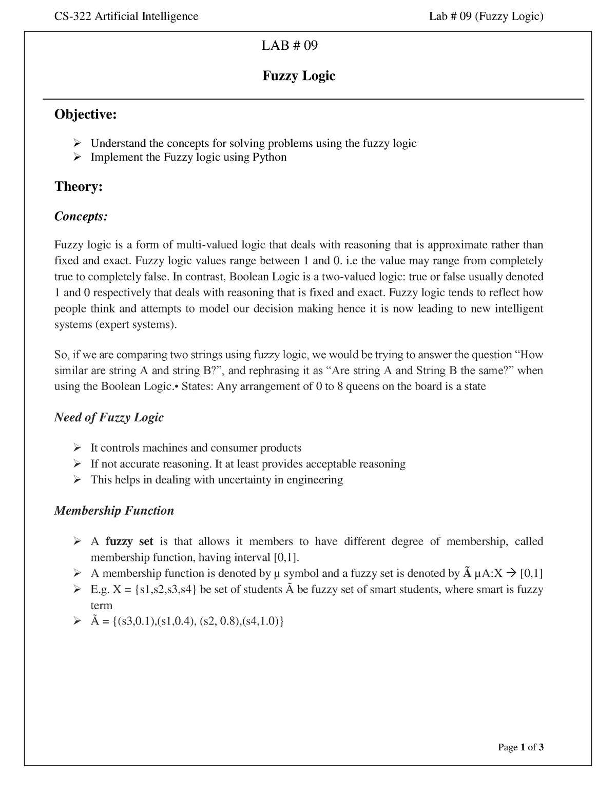 AI Lab 09 Fuzzy Logic - Lab material - CS-322 Artificial Intelligence ...