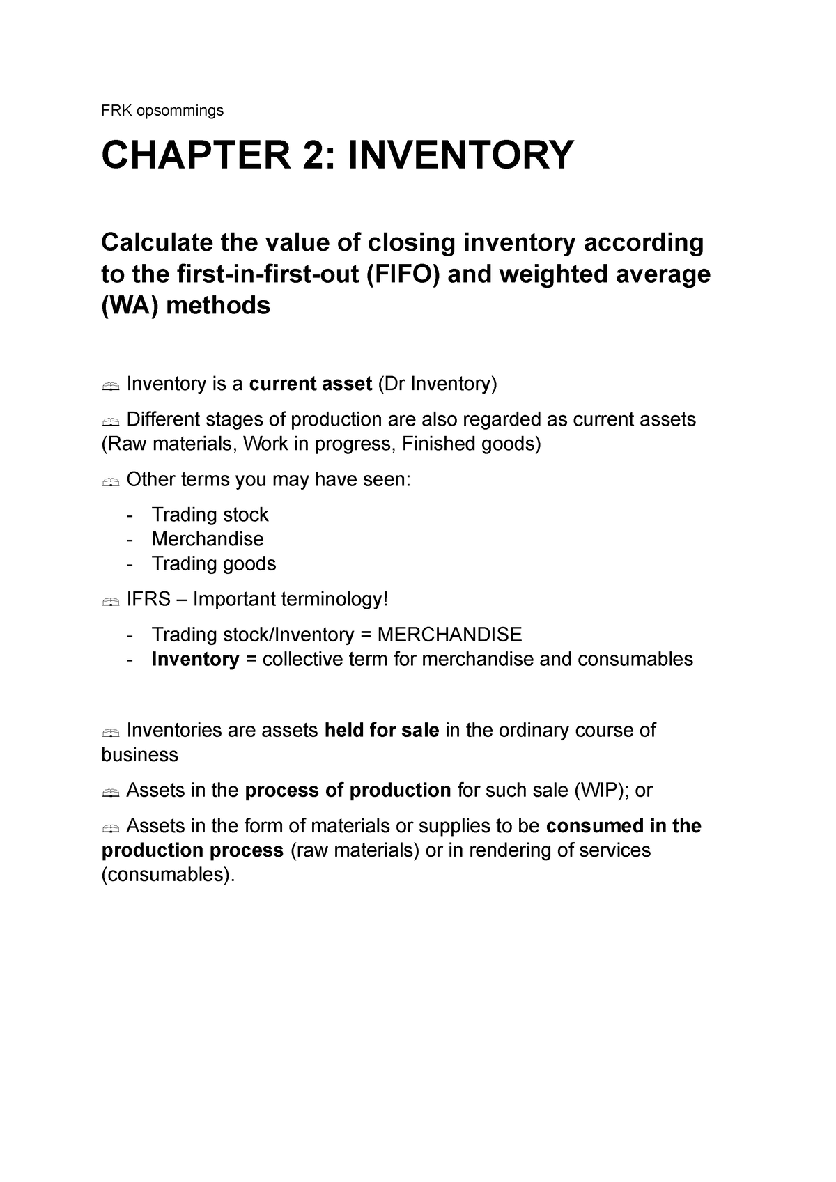 FRK 122 opsommings chapter 2 - FRK opsommings CHAPTER 2: INVENTORY ...