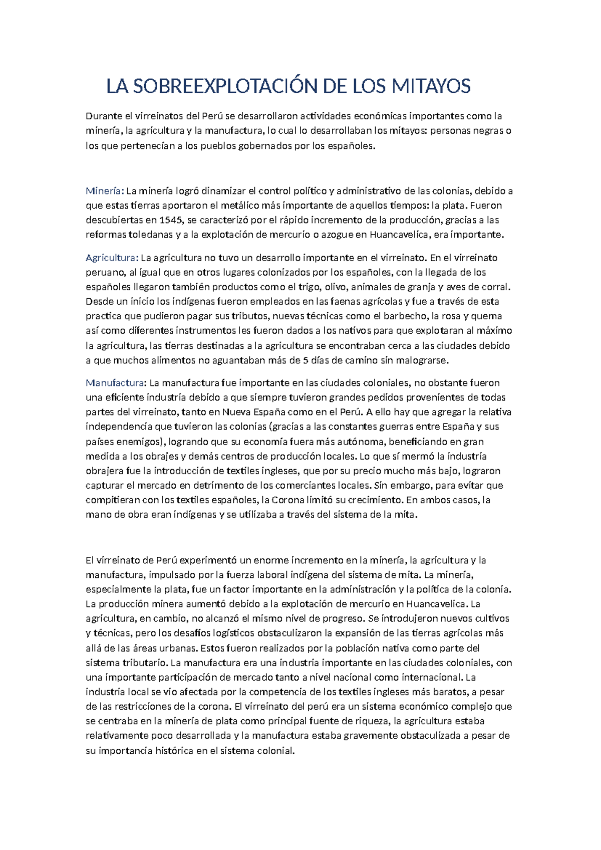 LA Sobreexplotación DE LOS Mitayos - LA SOBREEXPLOTACIÓN DE LOS MITAYOS ...