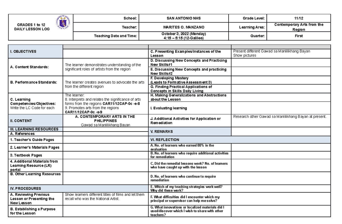 Week 6 Contemorary Arts - GRADES 1 to 12 DAILY LESSON LOG Teacher ...