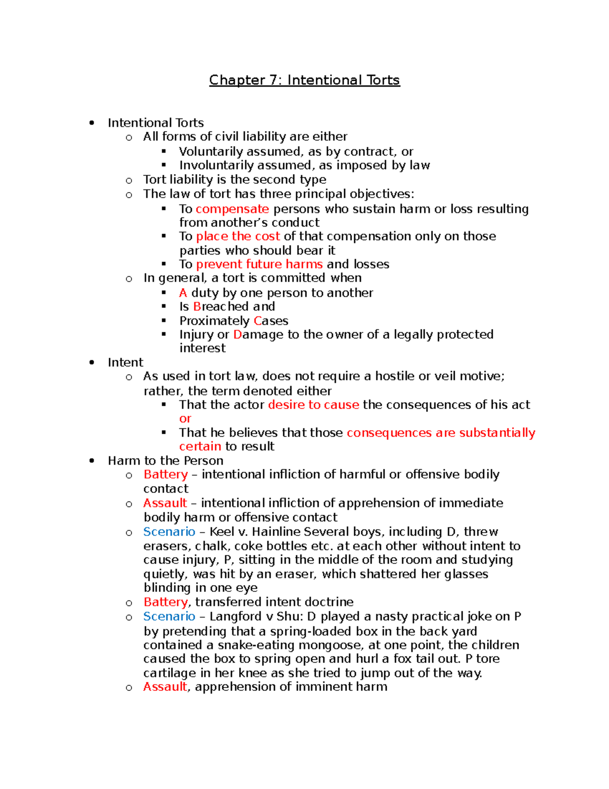 Chapters 7 - 8 - Prof Addington - Chapter 7: Intentional Torts ...