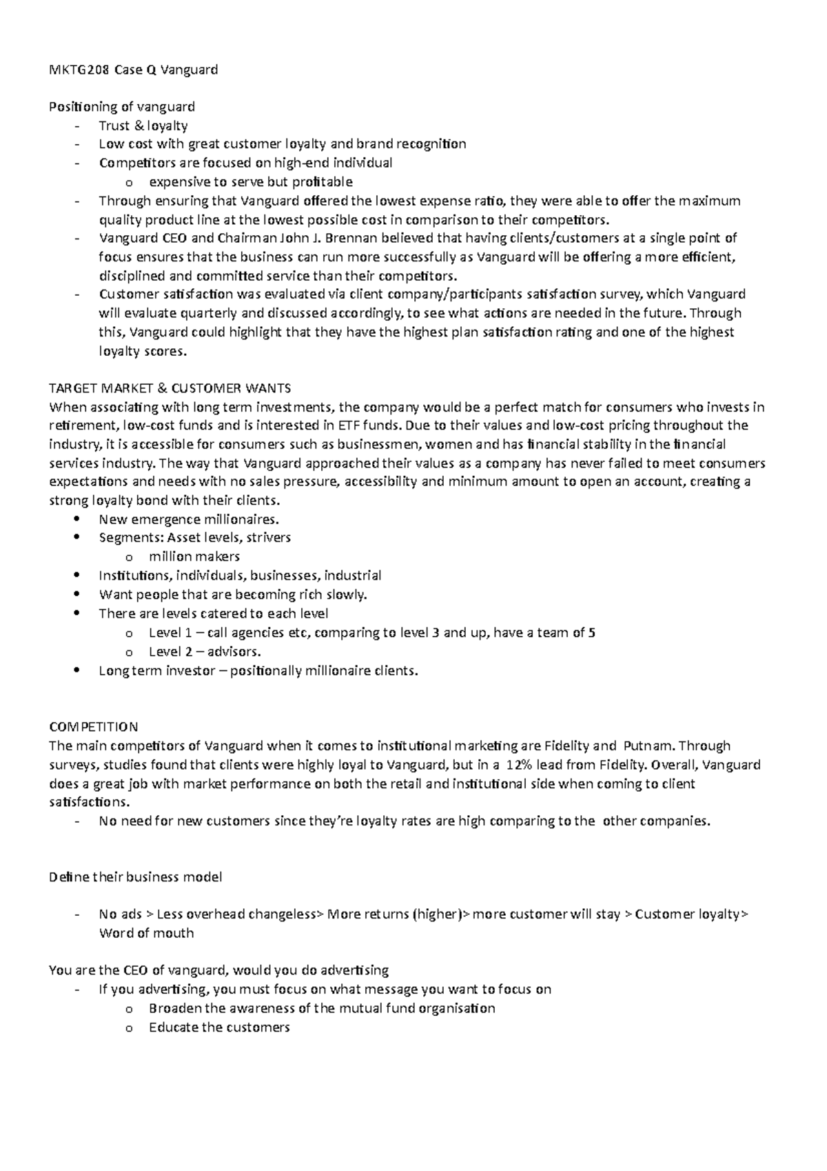 MKTG208 Wk 3 Case Q Vanguard - MKTG208 Case Q Vanguard Positioning of ...