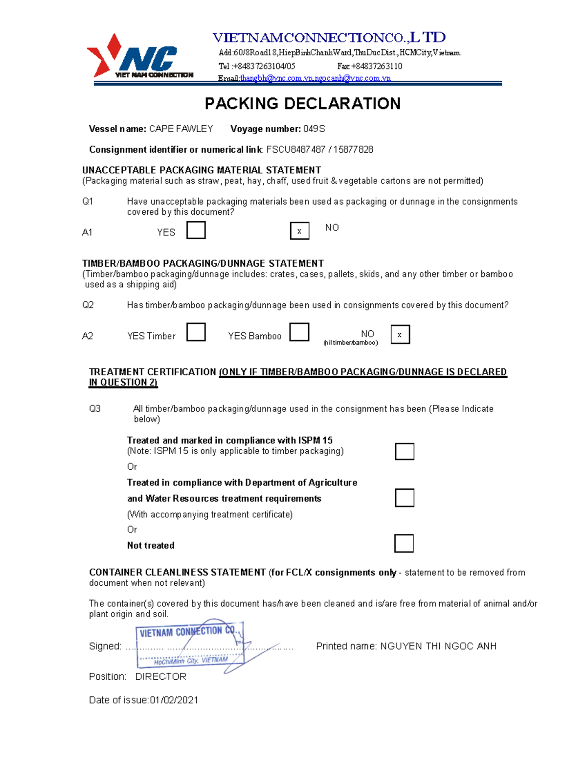 16. Packing Declaration SSAS1338 - VIETNAMCONNECTION CO.,LTD Add :60 ...