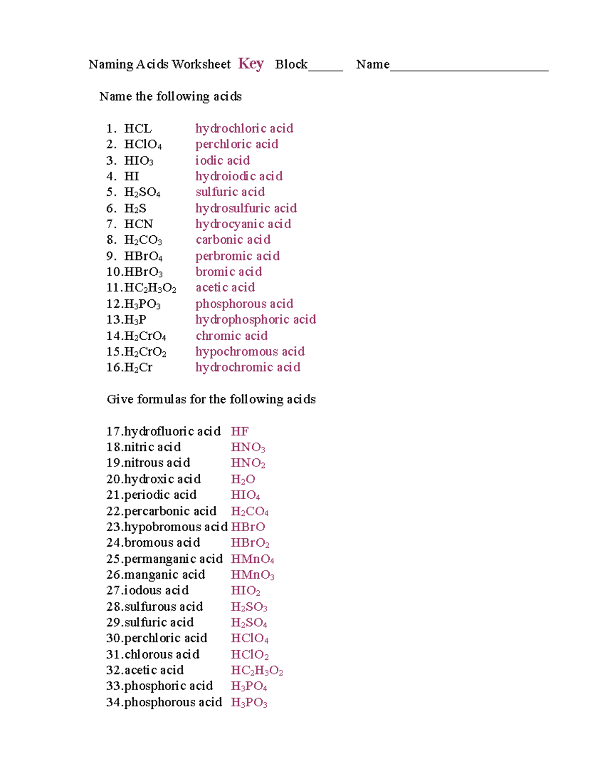 Naming Acids WSKey - notes - Naming Acids Worksheet Key Block_____  Name_______________________ Name - Studocu