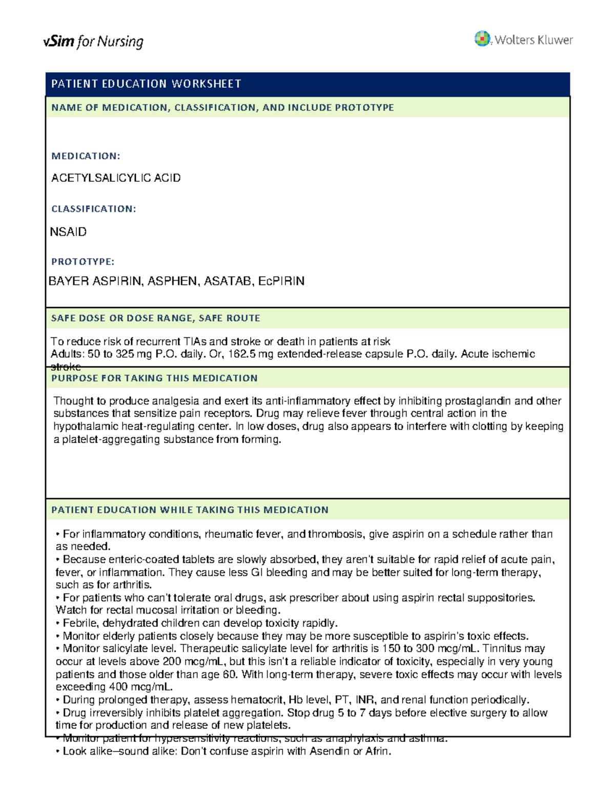 Acetylsalicylic ACID-v Sim Pharm 4 Fun - PATIENT EDUCATION WORKSHEET ...