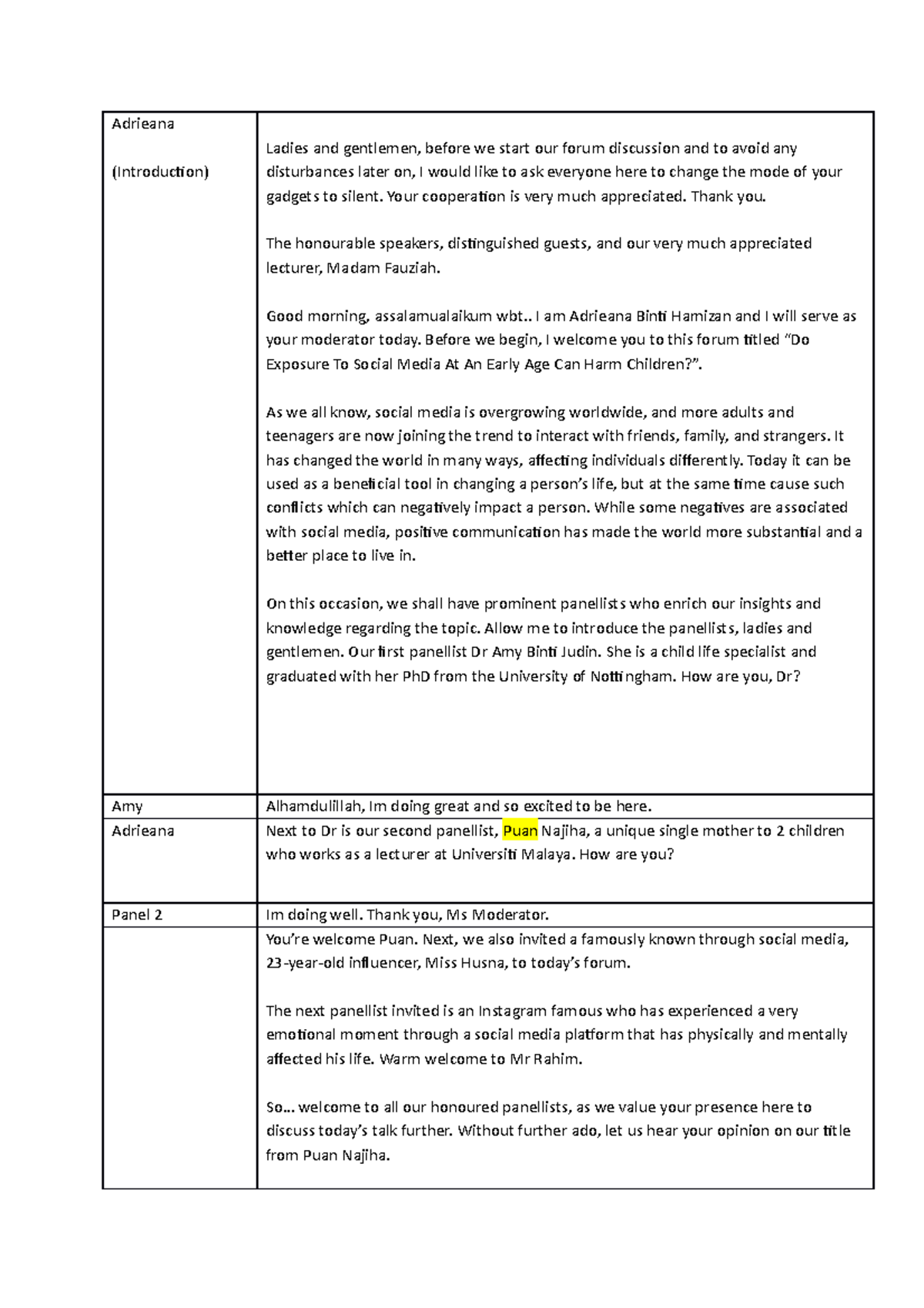 FORUM SCRIPT ELC501 Adrieana (Introduction) Ladies and gentlemen
