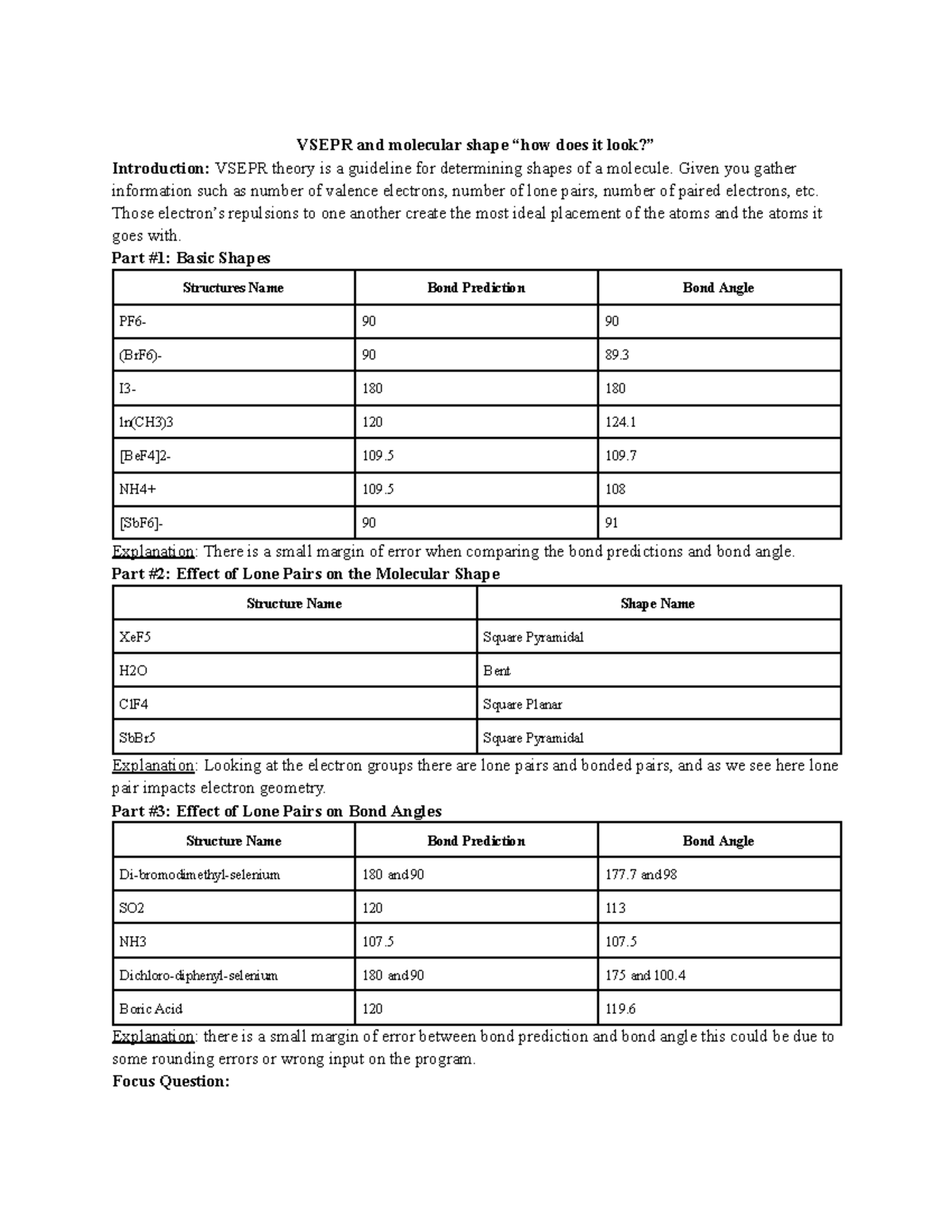 Lab 6 report chem lab 106 experiment 6 VSEPR and molecular shape
