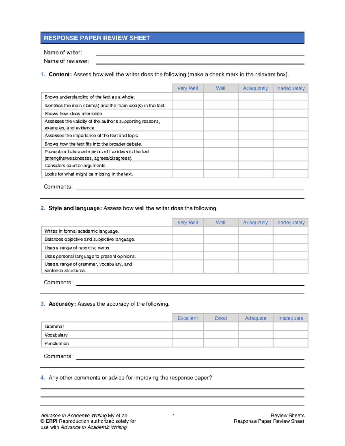 Response paper review sheet - Advance in Academic Writing My eLab 1 ...